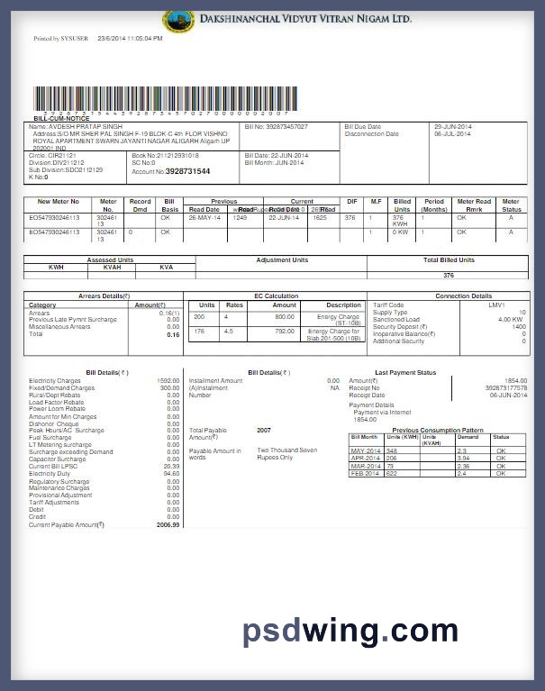 India DVVNL Utility Bill